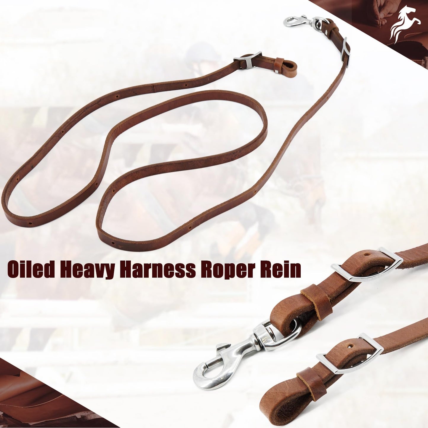 Jeereal Heavy Harness Leather Western Roper Rein,Barrel Reins for Horses, Round Trail Rein,Stainless Steel Hardware,Rich Brown,5/8" x 7'