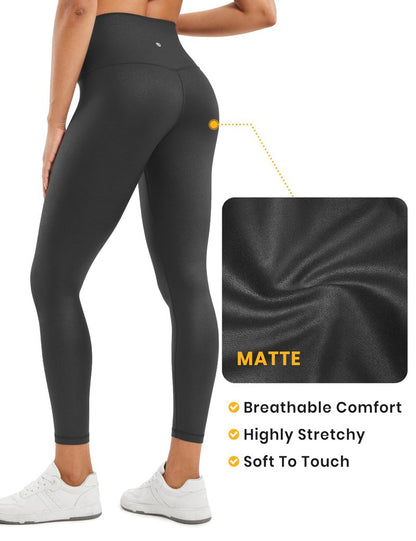 CRZ YOGA Matte Faux Leather Leggings 25" - Butterluxe High Waisted Stretch Ankle Leather Pants for Women Pleather Tights Faux Leather Black Foil Medium