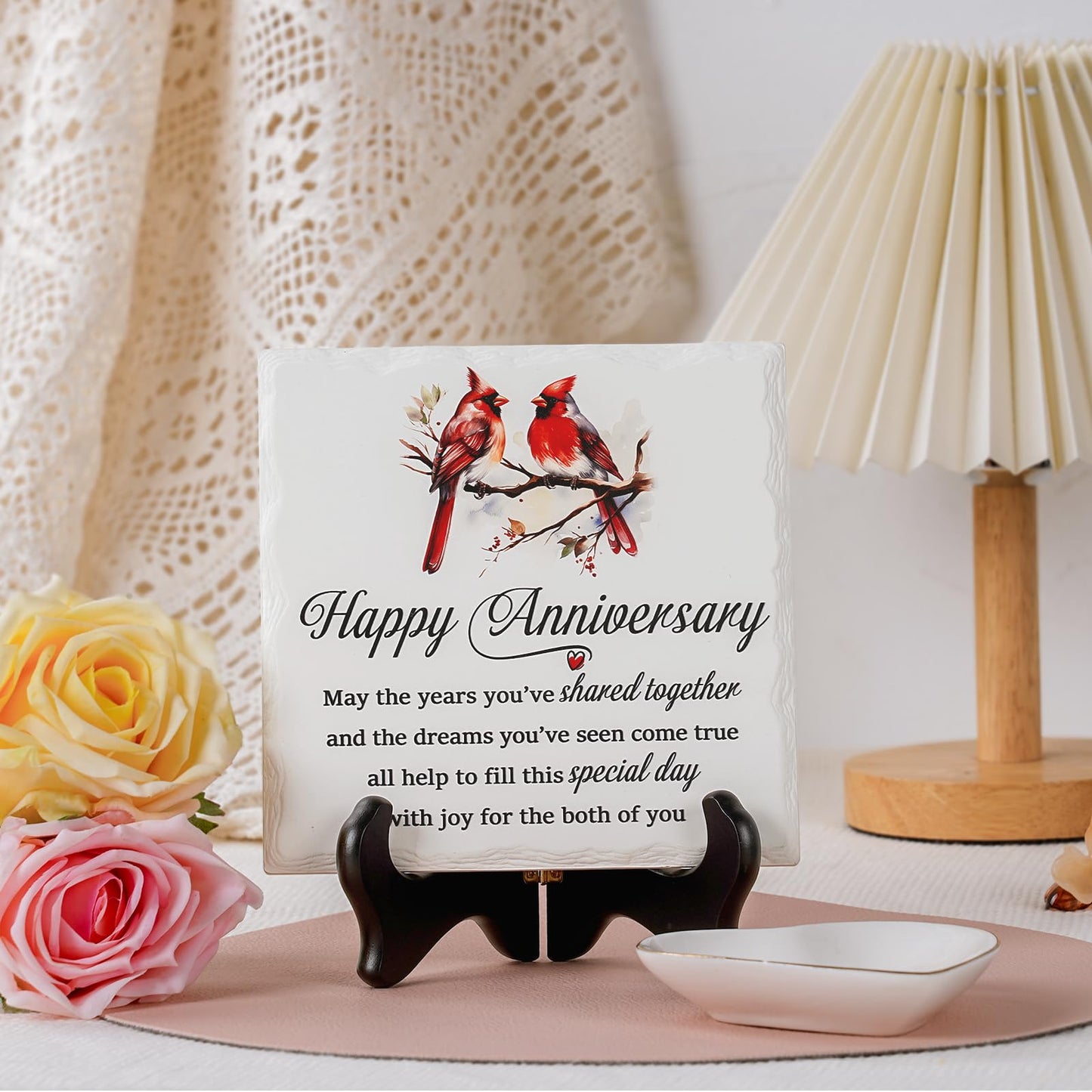 LukieJac Anniversary Couples Gifts - Cardinal Ceramic Plaque - Happy Anniversary Presents for Couples - Romantic Wedding Celebrate Keepsake Desk Decorations Christmas Gift