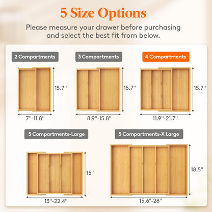 Lifewit Utensil Organizer for Kitchen Drawer, Expandable 13 to 22.4 Inches Wide, Adjustable Cooking Silverware Tray, Bamboo Cutlery Flatware Holder, Spatula Tools and Gadgets Storage Divider, Natural