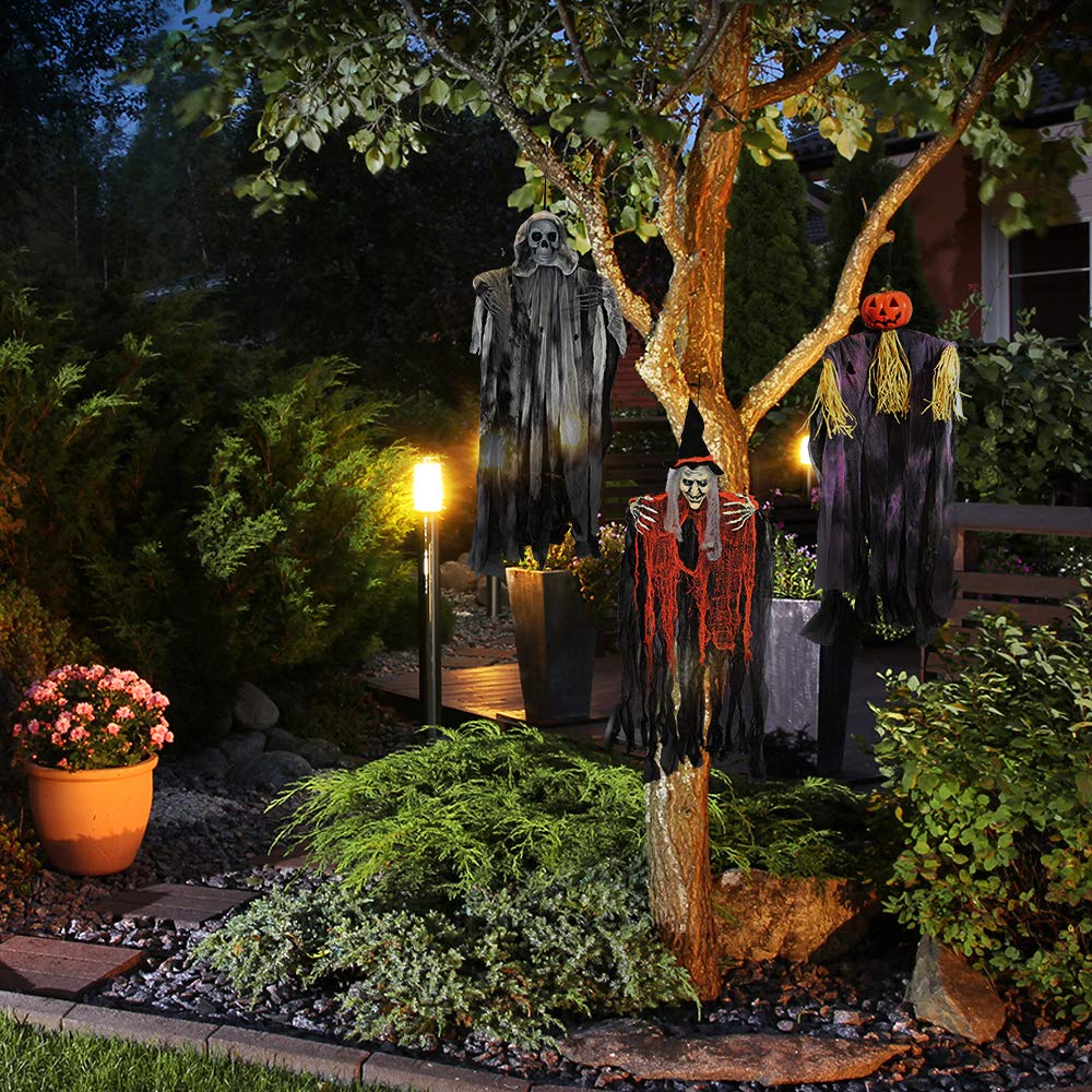 JOYIN 3 Pack 35” Hanging Ghosts Witch Pumpkin Decor Hanging Halloween Decorations Outdoor Halloween Decor, Scary Flying Witch Grim Reapers Haunted House Front Porch Decor Yard Garden Lawn Party