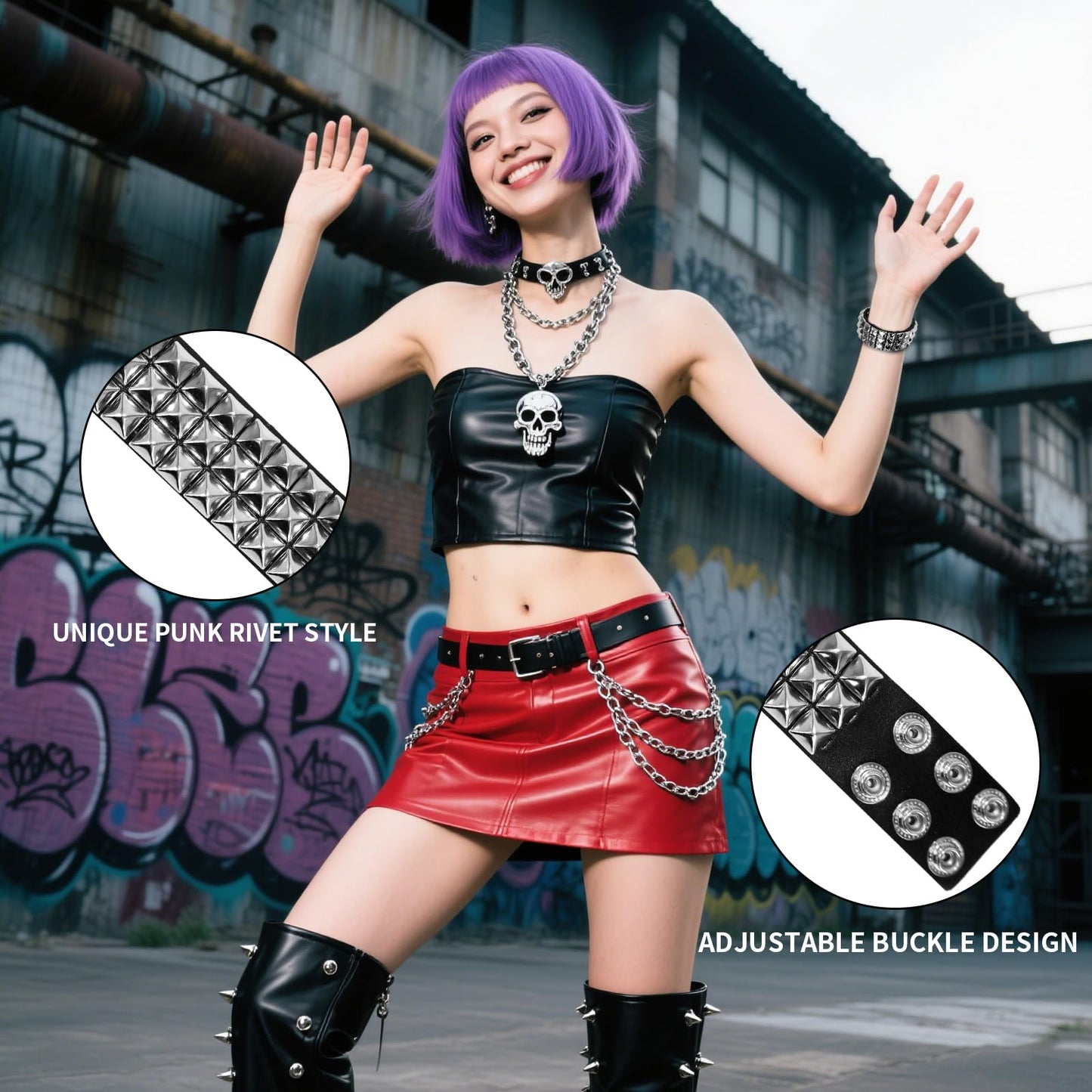 SCOPLATY Genuine Leather Bracelet Cuff with Spikes studded Rivets - Adjustable Metal Wristband for Men Women, 80s Goth Rock Accessories (Silver, Width 1.5 Three-row)