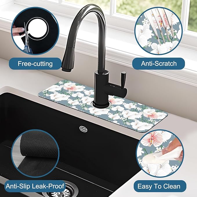 Colorful Wildflowers Kitchen Sink Splash Guard Faucet Mat White Orchid Super