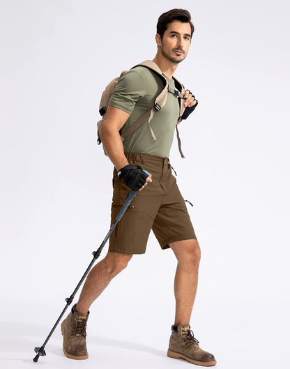 Pudolla Men's Hiking Cargo Shorts 9" Lightweight Outdoor Work Shorts for Men Travel Golf Camping Casual with 5 Zipper Pockets(Brown Large)