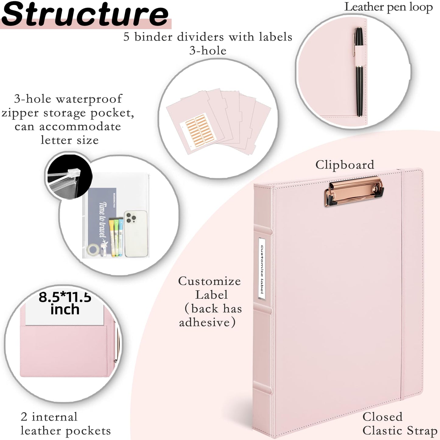 Etzul Hardcover 3 Ring 1 inch Leather Binder, Letter Size Binder Dividers with Tabs, PVC Zipper Pouch, Professional Organizer, Faux Rose Pink Leather