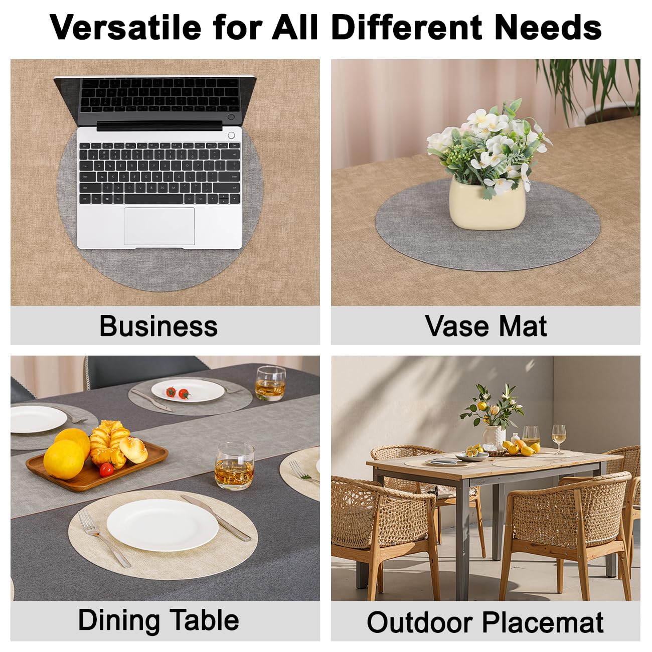 Myir JUN Reversible Vinyl Round Placemats Set of 8, Faux Leather Place Mats Dual Sided Waterproof Wipeable, Heat-Resistant Table Mats for Kitchen Dining Indoor Outdoor (14", Light Gray Cream-White)