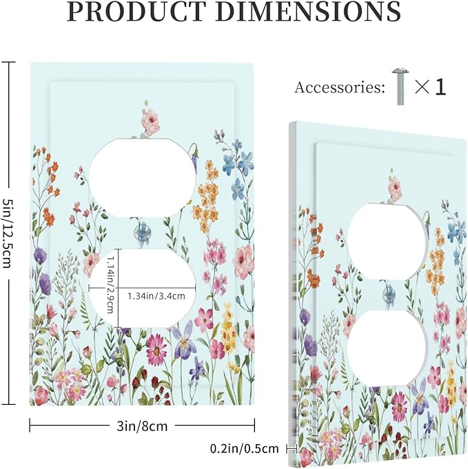 Rustic Wild Floral Vintage Blue Watercolor Flower 1 Gang Outlet Plate Decorative Single Duplex Wall Plate Covers Unique Electrical Receptacle Light Switch Cover Art Faceplate Switchplate