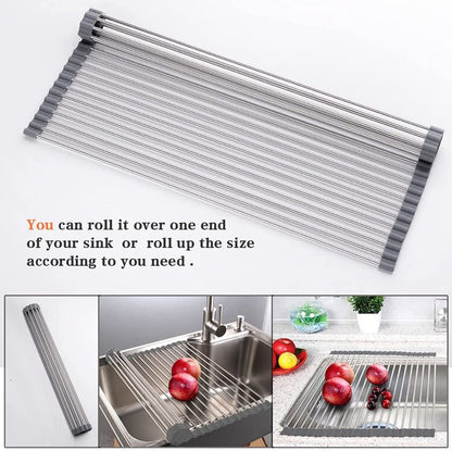 Ahyuan Roll up Dish Drying Rack Over The Sink Kitchen Roll up Sink Drying Rack Portable Dish Drainer Foldable Dish Drying Rack (Warm Gray, 17.8''X17'')