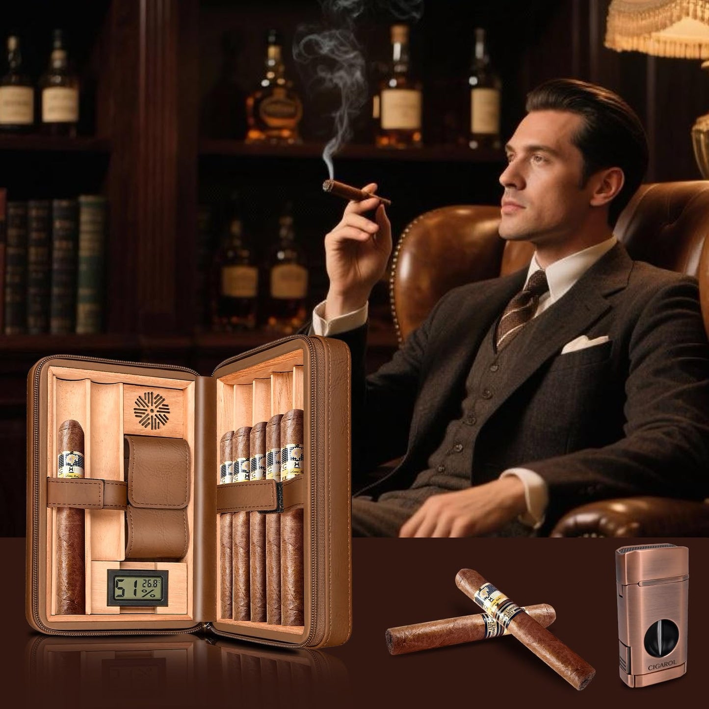 Cigarol Cigar Humidor Case, Leather Travel Humidor Case, Portable Cedar Wood Lined Cigar Box with Digital Hygrometer & Humidifier Accessories, Holds 6 Cigars, Gifts for Men (Brown)