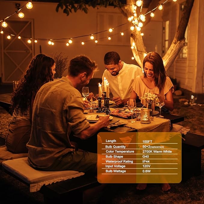 LED String Lights 100FT Outdoor - 50 Shatterproof G40 Bulbs +2 Spare, Waterproof Connectable for Patio Garden Party (Warm White 2700K)