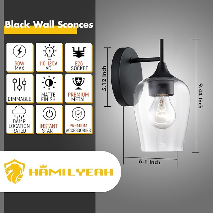 Hamilyeah Black Wall Sconces Set of Two, Farmhouse Sconces Wall Lighting Hardwired, Bathroom Vanity Lighting with Clear Champagne Glass Shade, Indoor Wall Lamp for Kitchen Stairway Living Room