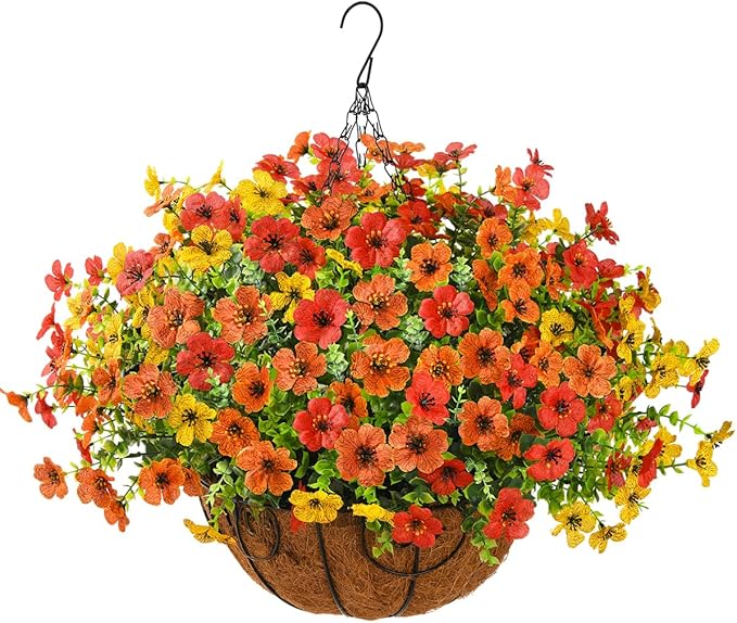 Artificial Faux Hanging Plants Flowers Basket for Fall Outdoor Decoration, Fake Silk Daisy in Planter Realistic UV Resistant Look Real for Porch Home Patio Balcony Yard(Red Orange Yellow)