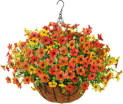 Artificial Faux Hanging Plants Flowers Basket for Fall Outdoor Decoration, Fake Silk Daisy in Planter Realistic UV Resistant Look Real for Porch Home Patio Balcony Yard(Red Orange Yellow)