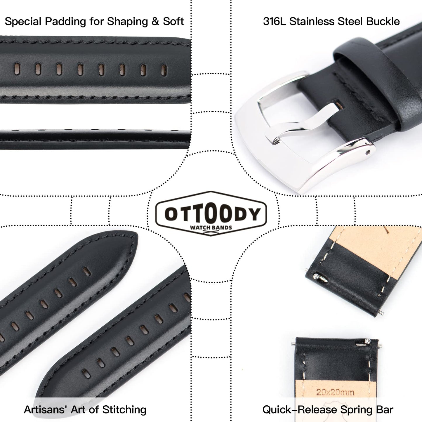 OTTOODY Leather Watch Bands 22mm 21mm 20mm 18mm Quick Release Watch Straps, Classic Top Grain Leather Watch Band for Men Replacement Bands for Watch and Smartwatch
