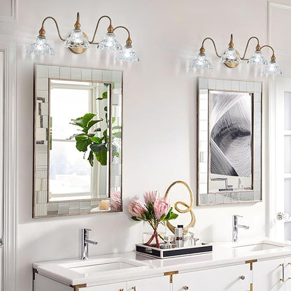 Vintage 4-Light Brass Bathroom Vanity Light Fixtures, Wall Sconces Vanity Lighting Fixture for Bedroom Bathroom Dressing Room Living Room