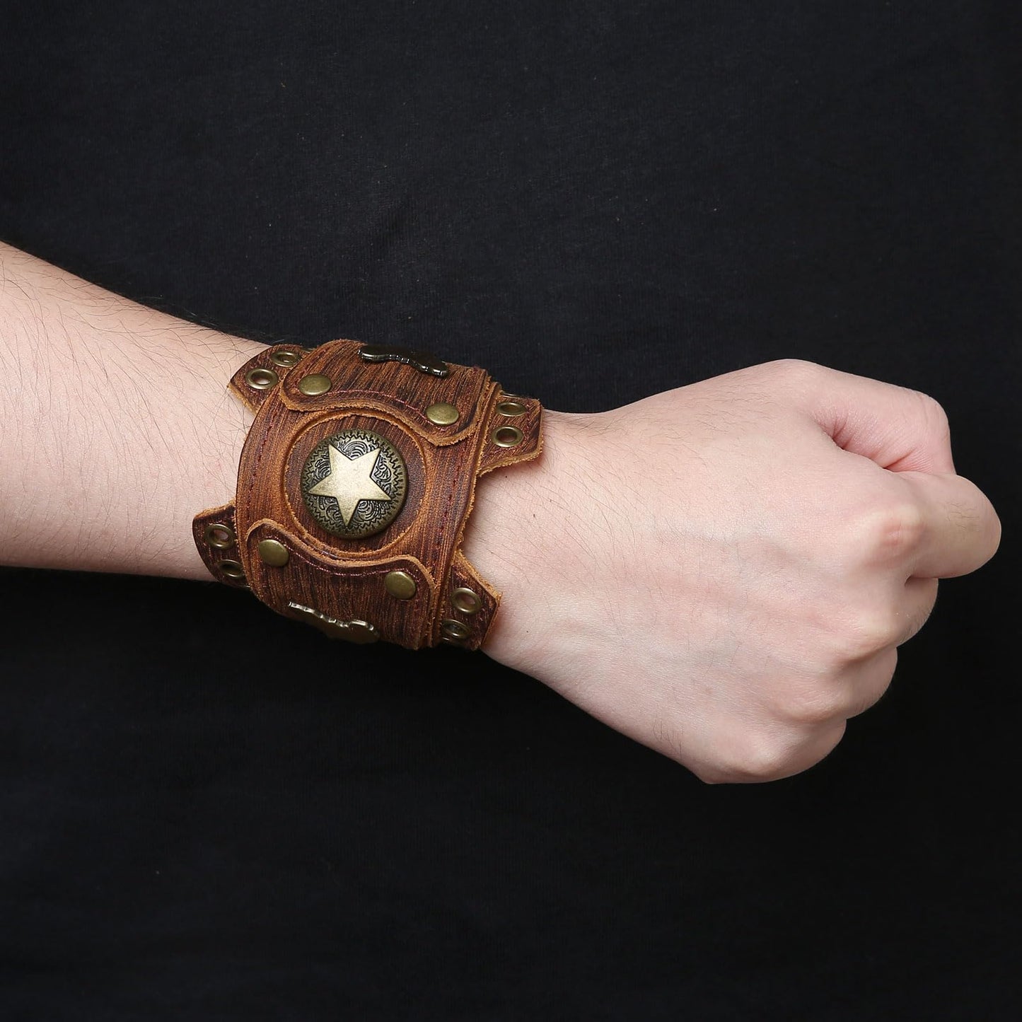HZMAN Leather Bracelets Retro Men's Leather Cuff Bracelet Adjustable Wide Wristband Bracelet Jewelry Gift