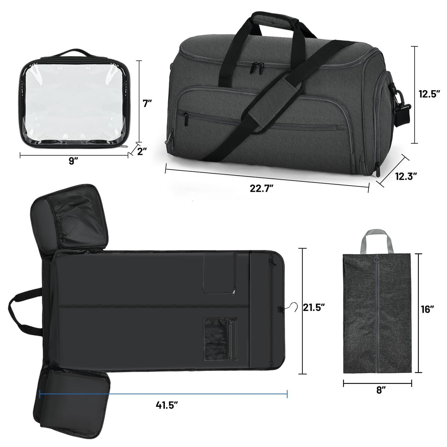 Vagtiivo Travel Garment Bag, 55L 2-in-1 Convertible Carry-On Suit Bag with Full-Zip 360-Degree Protection for Business Travel & Weddings, Hanging Suitcase Duffel Bag, Midnight Grey