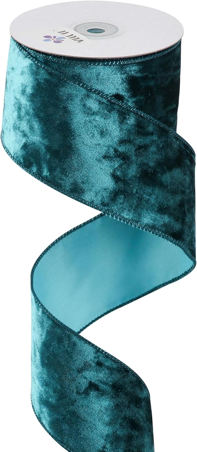 MEEDEE Teal Velvet Ribbon - 2.5 Inch Wired Velvet Crushed Teal Blue Christmas Ribbon, 10 Yards for Tree Decoration, Wreath Supplies, Crafts Bow Making