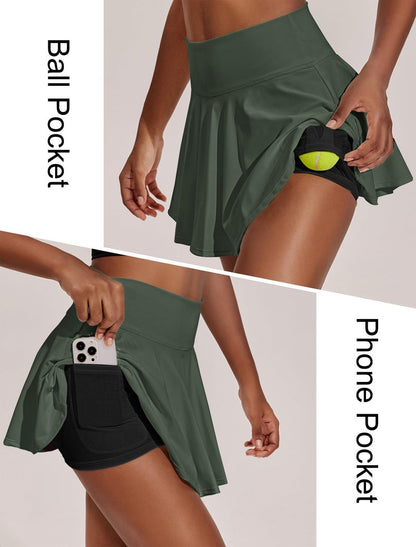 PINSPARK Womens Pleated Tennis Skirt with Shorts High Waisted Athletic Golf Skorts Tummy Control Workout Skirts, Camo Green XXL
