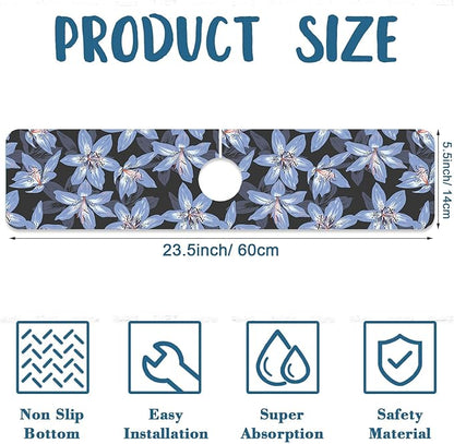 Blooming Lily Sink Splash Guard Faucet Mat Blue Lily Flowers Super Absorbent