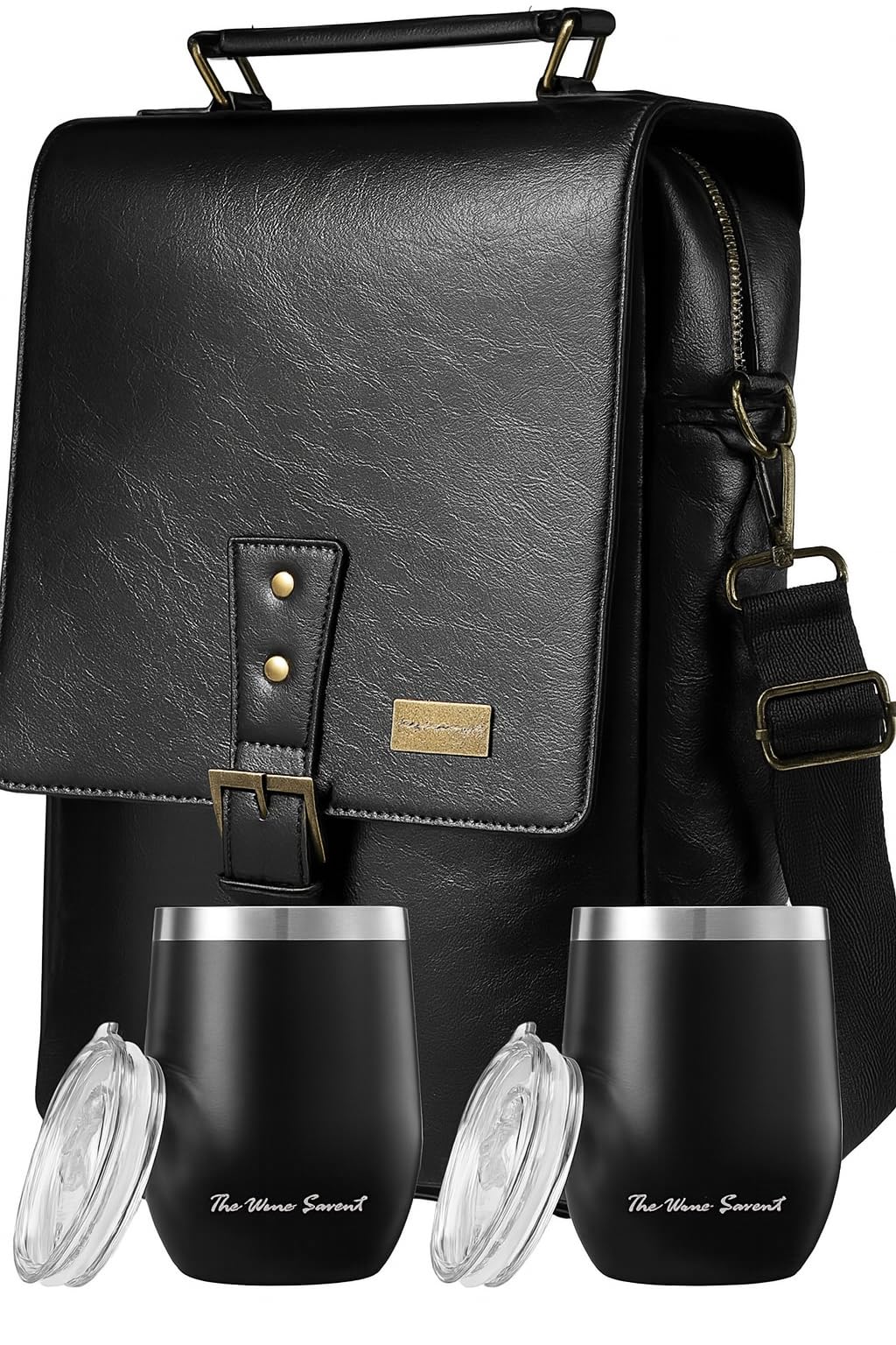 2 Bottle Insulated Wine Tote Bag with Tumblers, Leather Carrier Purse with Dividers, Leakproof Cooler, Adjustable Shoulder Strap & Pockets, Travel, Picnic, Beach, Hiking, Gift for Men & Women