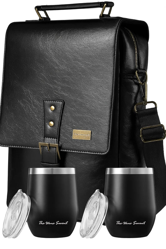 2 Bottle Insulated Wine Tote Bag with Tumblers, Leather Carrier Purse with Dividers, Leakproof Cooler, Adjustable Shoulder Strap & Pockets, Travel, Picnic, Beach, Hiking, Gift for Men & Women