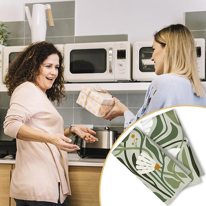 Abstract Boho Sage Green Floral Kitchen Towels Set of 2, 70s Retro Groovy Boho