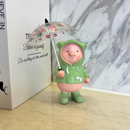Pig Statue with Umbrella Garden Decor Hand Painted Resin Home Decor Cute Rain Coat Animal Decoration Sculpture Figurine Gift for Women Kid