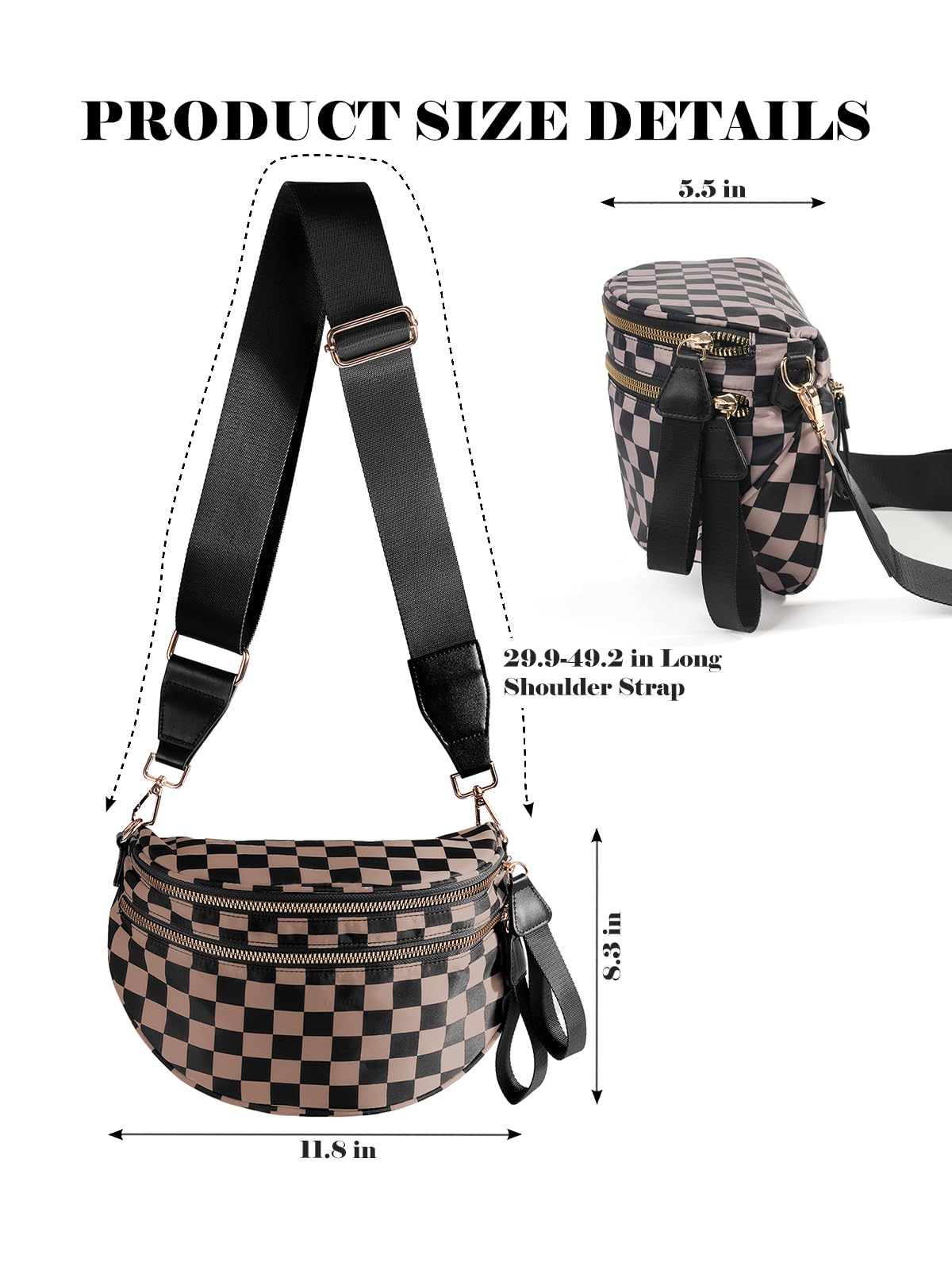 Black and White Checkered Crossbody Bum Bag for Women,Spacious Checkered Purse Fanny Packs Belt Bag Sling Bag with Shoulder Strap (khaki Checkered)