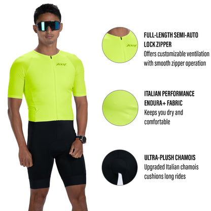 Zoot Men’s Core Tri Aero FZ Racesuit, Short Sleeve Moisture-Wicking Triathlon Suit, Plush Chamois & Storage for Race Day - Hyper Yellow - 2X-Large