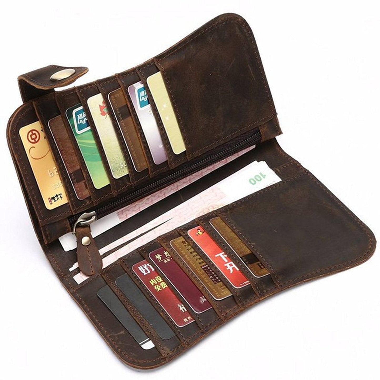 RS Mens Wallet with Chain Leather Long Bifold Trucker Wallet Vintage Biker Money Clip with Zipper(Brown w/Iron Chain)