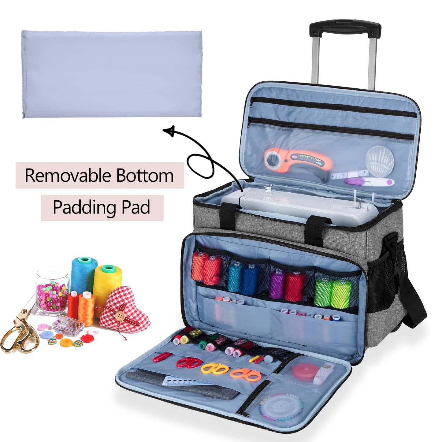 LUXJA Sewing Machine Case with Detachable Dolly and Removable Bottom Pad, Rolling Tote Fits Most Standard Machines, Gray