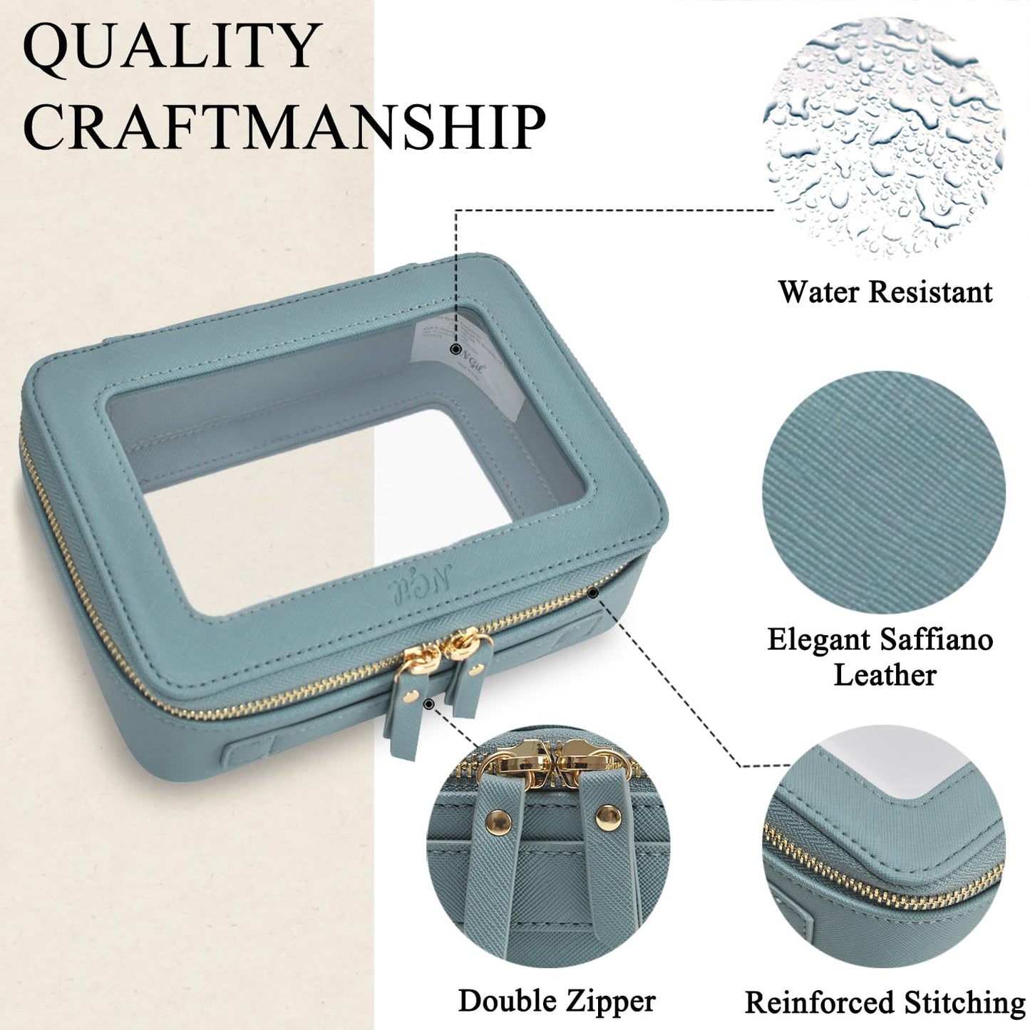 NGIL Clear Faux Leather Travel Toiletry Bag, Makeup Bag Organizer for Women, Clear Window & Gold Zipper Makeup Bag, Road Trip Essential, Skincare, Cruise Ship Essentials (Blue)