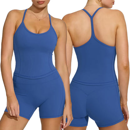 SUUKSESS Women Sexy Racerback 2 Piece Workout Sets V Neck Y Back Padded Sports Bra High Waisted Shorts with Pockets(Royal Blue,XL)
