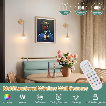 Battery Operated Wall Sconce with Clear Tulip Shade Pattern Glass Adjustable Chain Retro Gold Wall Mounted Light, Modern Wall Lamp Fixtures Decor for Bedside Bedroom Indoor Doorway