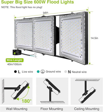 STASUN Flying Series Pro 600W 60000LM LED Flood Light Outdoor - IP66 Waterproof, 6000K Daylight White, 3 Panel Adjustable for Stadium, Arena, Yard, Street & Parking Lot Lighting