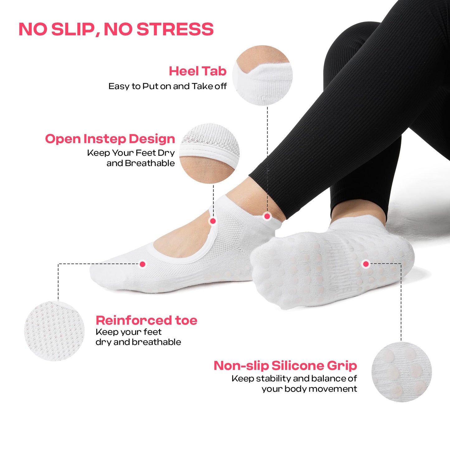 CoolMate Pilates Socks with Grips for Women, Yoga Socks, Crew Non Slip Women for Workout, Barre, Pilates Gifts