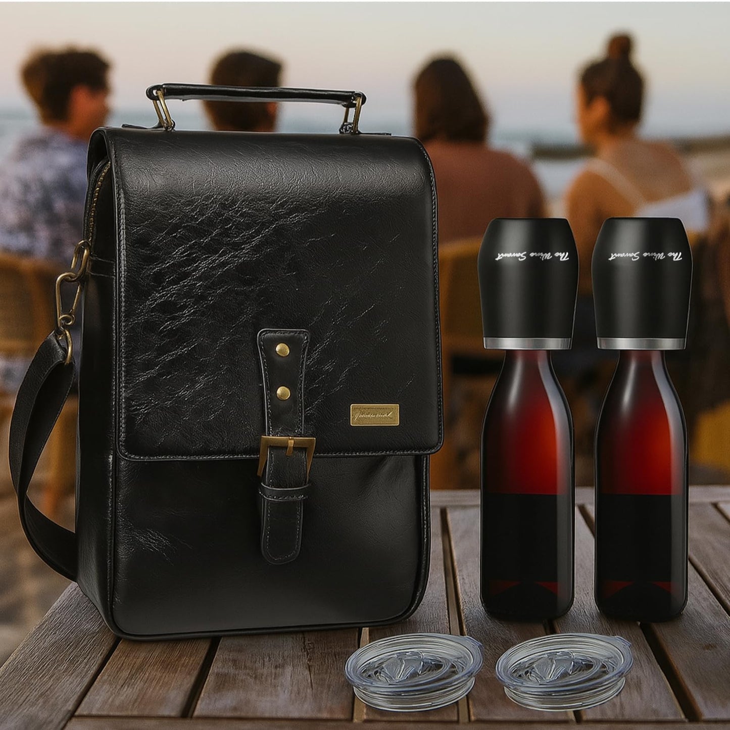 2 Bottle Insulated Wine Tote Bag with Tumblers, Leather Carrier Purse with Dividers, Leakproof Cooler, Adjustable Shoulder Strap & Pockets, Travel, Picnic, Beach, Hiking, Gift for Men & Women