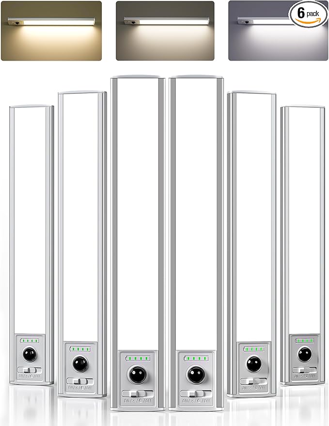 EZVALO 12inch Under Cabinet Lighting Wireless with Battery Indicator, 2500mAh Rechargeable Motion Sensor Light Indoor, 96 LED Under Counter Lights for Kitchen Closet, 3 Color Temps, Dimmable, 6 Pack