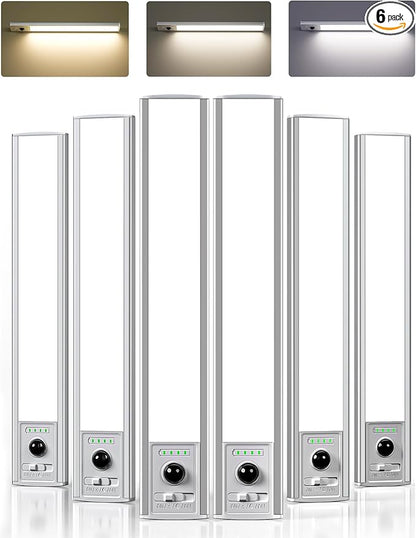 EZVALO 12inch Under Cabinet Lighting Wireless with Battery Indicator, 2500mAh Rechargeable Motion Sensor Light Indoor, 96 LED Under Counter Lights for Kitchen Closet, 3 Color Temps, Dimmable, 6 Pack