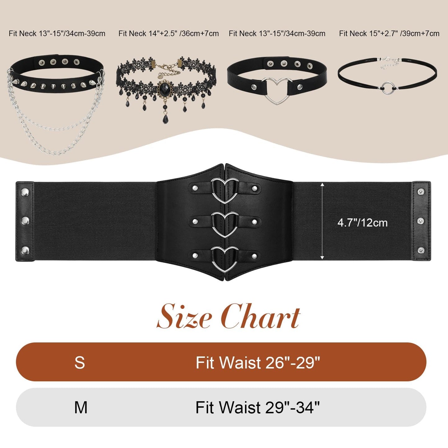 JKEEMI Women Corset Belt With Black Choker Set，Heart-Ring Wide Elastic Waist Goth Leather Corset for Daily Cosplay Halloween Costume Gifts
