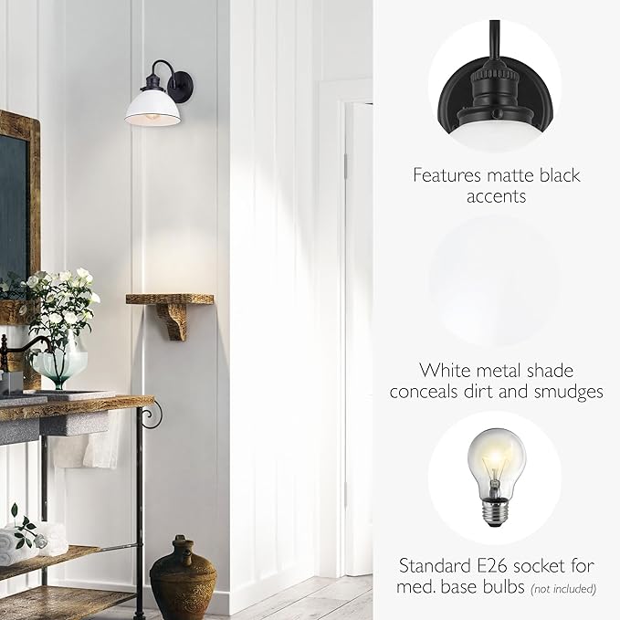 Design House Savannah Rustic Farmhouse Wall Light, Dimmable, Matte Black, White Metal Shade, 8 in x 9.5 in x 10.13 in, 588293