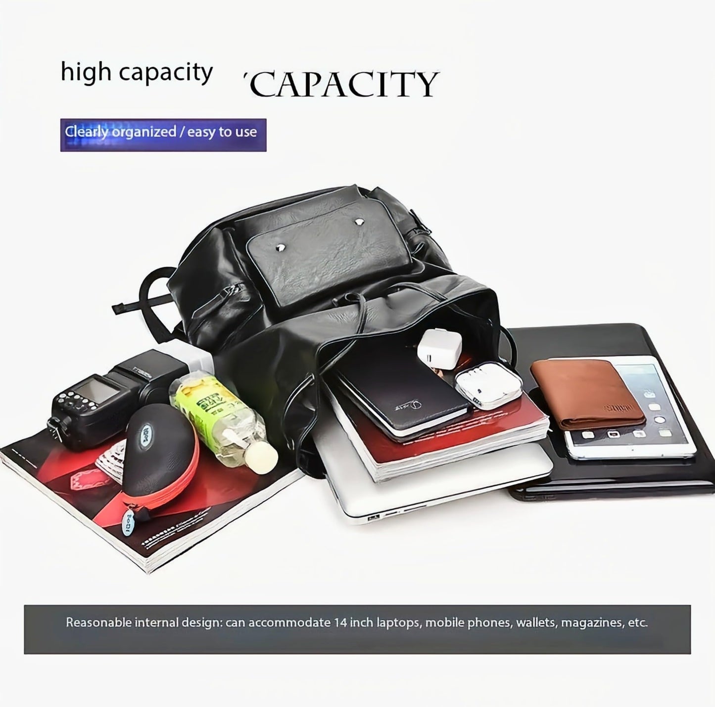 CYLYWJD Unisex PU leather laptop bag work business bag hiking backpack leisure day bag university schoolbag (Large,Black 3)