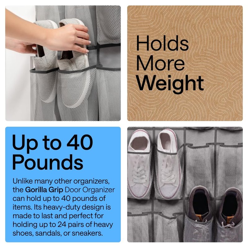 GORILLA GRIP Over the Door Shoe Organizer, 24 Large Breathable Mesh Pockets, Space Saving Hanging Storage Holder, Closet Rack Hanger Holds Up to 40 lbs, Hangs on Closets for Shoes, Accessories, Grey