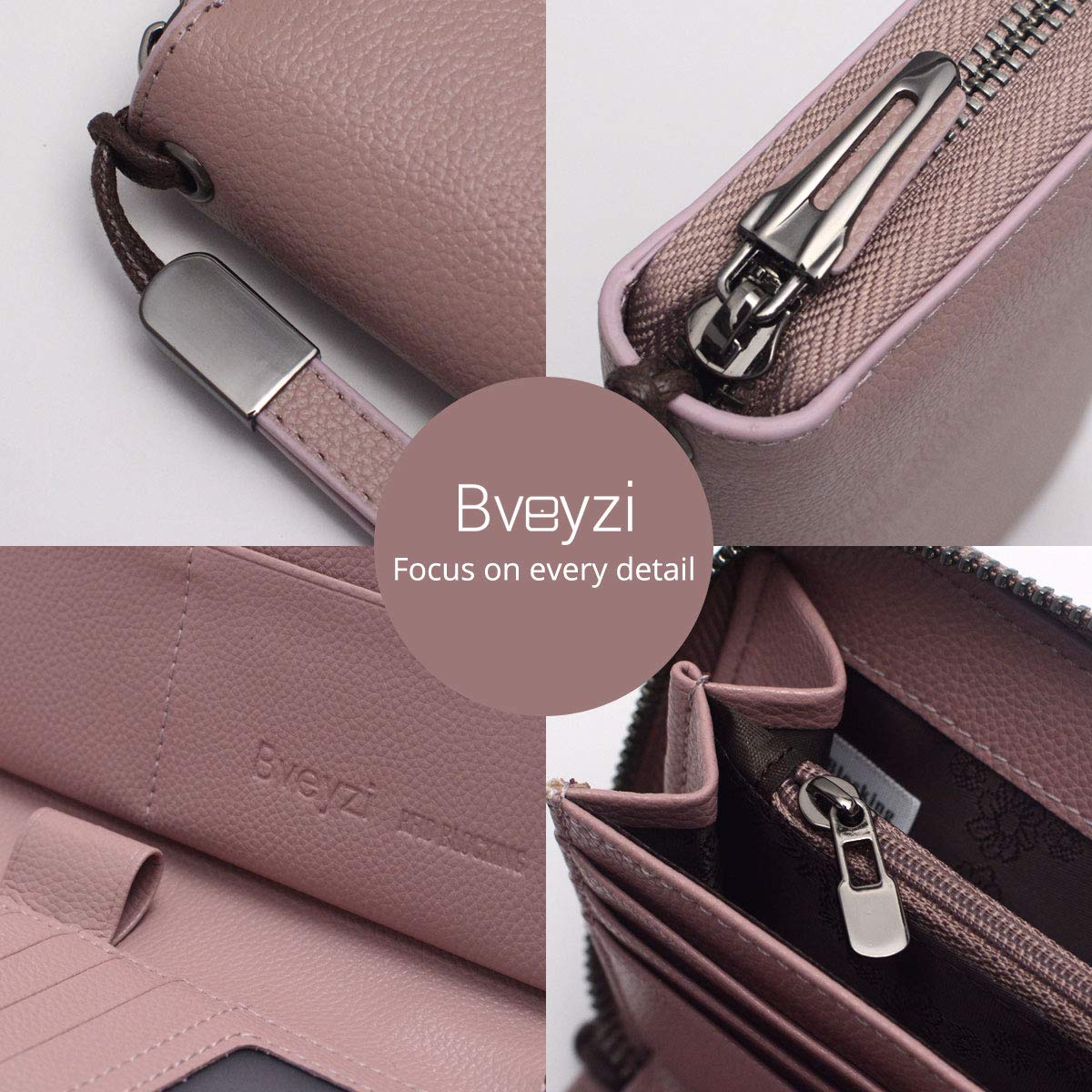 Bveyzi Women RFID Blocking Wallet Leather Zip Around Phone Clutch Large Capacity Ladies Travel Purse Wristlet (Dark Pink)