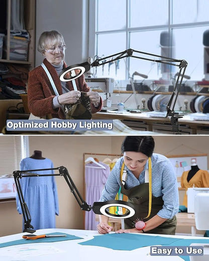 NOEVSBIG Desk Magnifying Glass with Light 10+5X Desktop Lamp Close Work Up for Table Crafting, Reading, Sewing, Panting, Soldering, Ultra Long 3-Section Swing Arm Design for Large Workbench