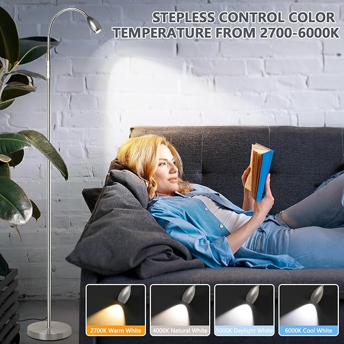 Reading Floor Lamp, 72" Tall LED Lamp with Flexible Gooseneck, Dimmable Zoomable Spotlight, Adjustable Color Beam Standing Lamp, Touch & Remote Control, Task Craft Bedroom Living Room (Brushed Nickel)