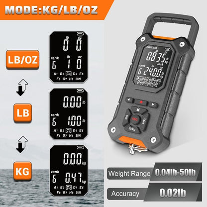 SNAIL TRAIL 8 Storage Bins Digital Fishing Scale & Lip Gripper with Auto-Rank, Large & High Contrast Backlit LCD Display, Multi-Mode(LB, LB-OZ, KG), 50 lbs Tournament Bass Fish Weigher, Gift for Men