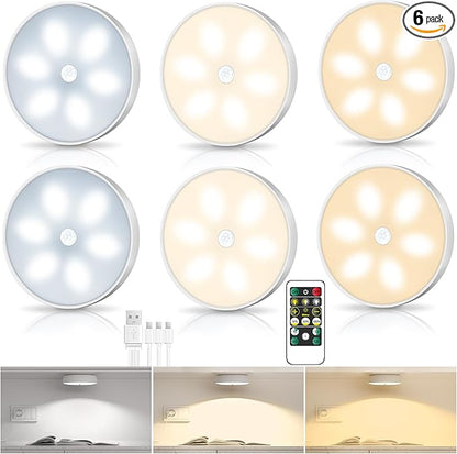 LED Closet Step Lights Motion Sensor Puck Light Compatible with Charging Station, 3 Colors Temperatures USB Rechargeable Indoor Under Cabinet Lighting(6 Pack)