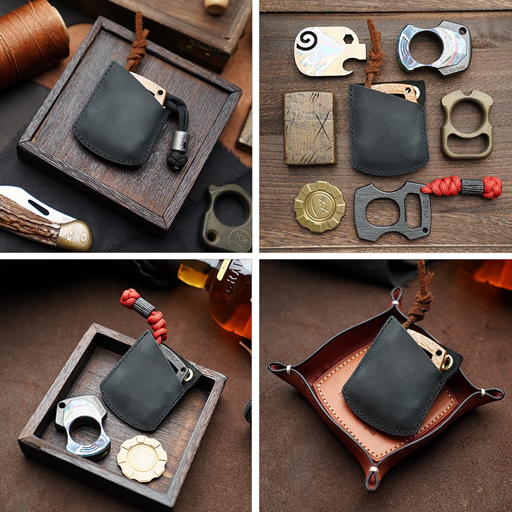 Viperade PJ27 Leather Sheath for EDC Knuckle, Coins, Lighter, Car Key, Carabiner, Mini EDC Gears (Black)